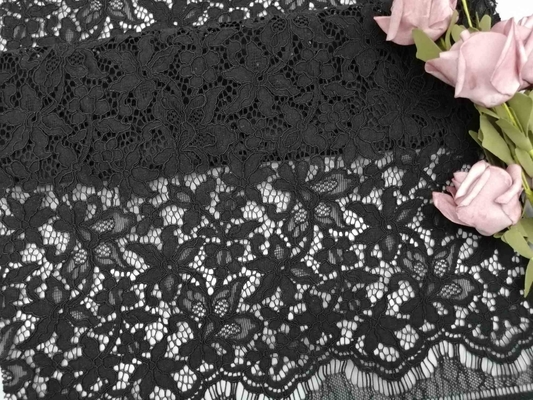 3D 57 Inch Black Floral Corded Lace Fabric With Soft Handfeel
