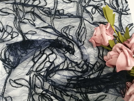 Black Corded Floral Pattern Embroidered Lace Fabric 129cm Width