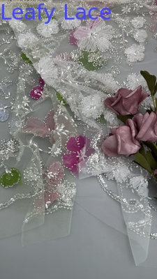 Leafy Beaded Embroidery Fabric Mesh Floral for Evening Party Dresses Design