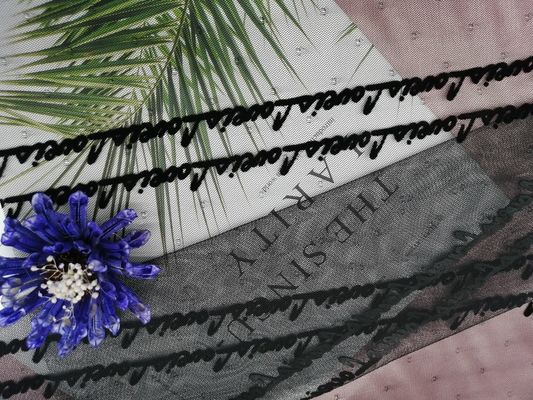 Home Textile Black Letter Tulle Flocked Mesh Fabric