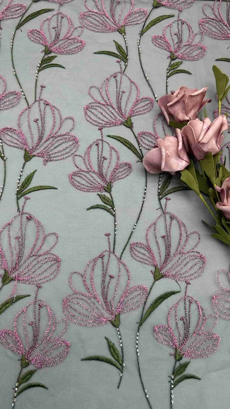 Tulip Flower Lace Colored Embroidery Fabric Lady Dress Textile