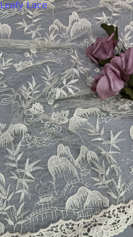 Embroidered Leafy Elegant Floral Lace Fabric For Dressmaking Wedding Gowns Soft Lightweight