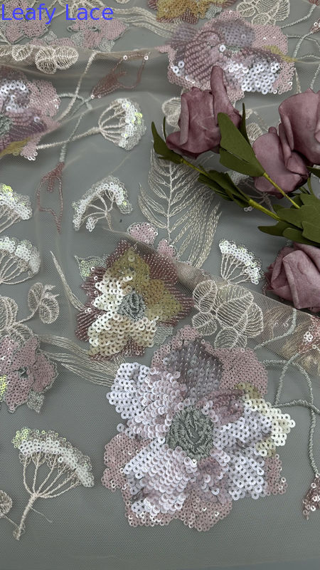 New Collection Sequin Embroidered Fabric Floral Mesh Ground for Garments Gowns Fashion Design