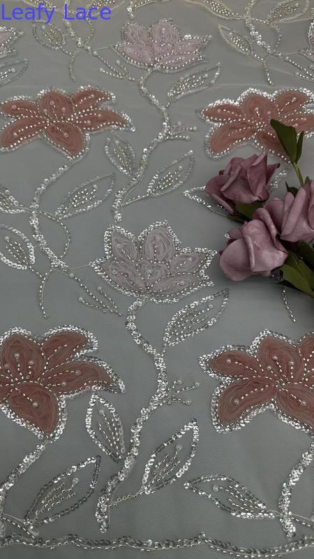 Beaded Floral Embroidered Lace Fabric Hollow-up Mesh Polyester for Evening Dresses