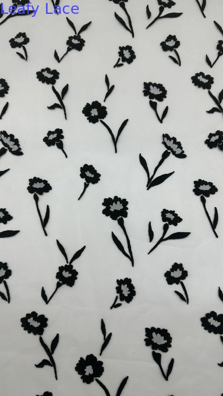 Leafy Beauty Flocked Mesh Lace Complicate Flower Design Fabric Customized Elegant Fabric