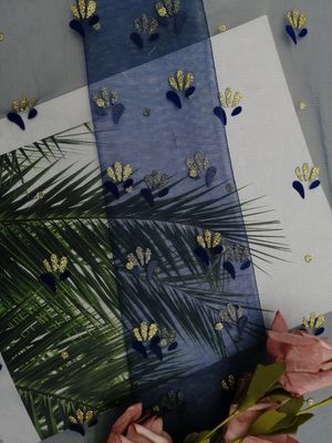 로열 블루 금속성은 끈 반짝거림 얇은 명주 그물 메쉬 호일 인쇄형 패브릭을 채웠습니다